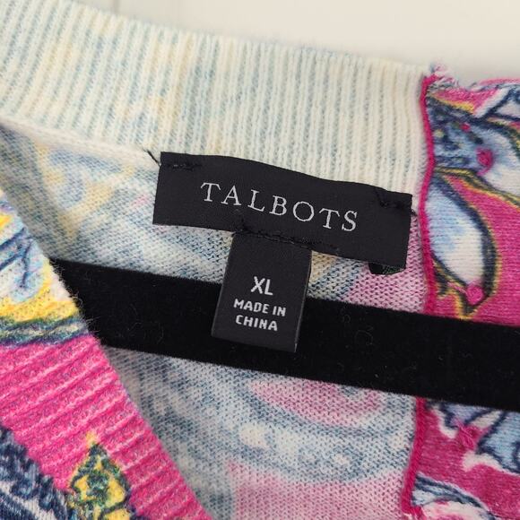 Talbots Sweater Women's Size XL Crew Neck 3/4 Sleeve Pink Blue Floral Cotton - Picture 4 of 8